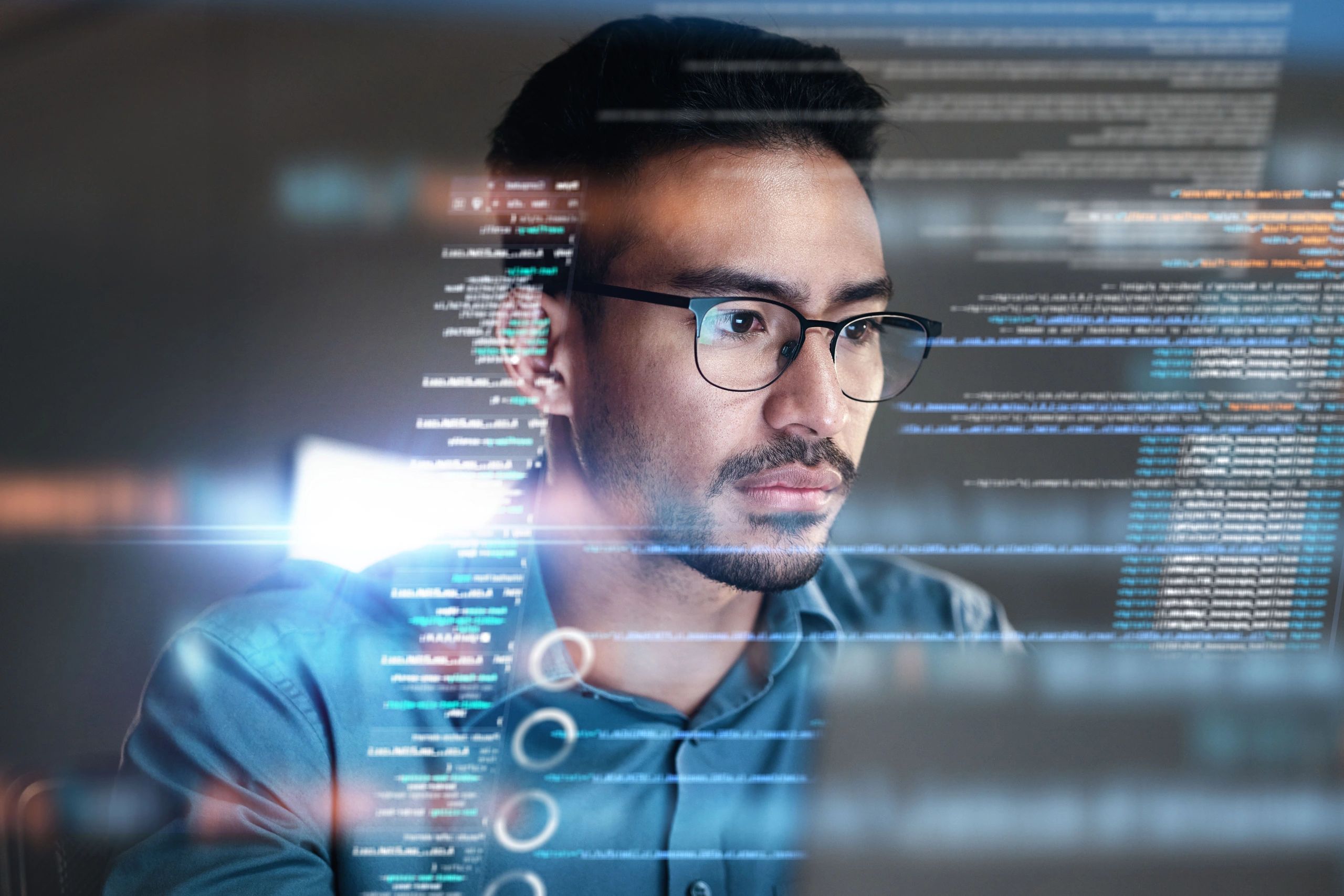 Programming coding and man with focus, hologram and
